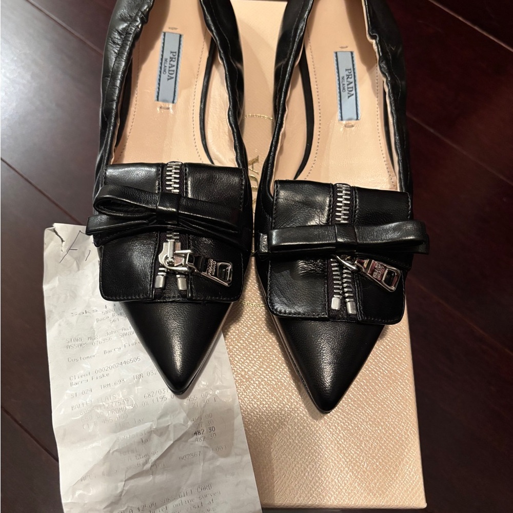Prada Black Leather Flats with Zipper and Bow